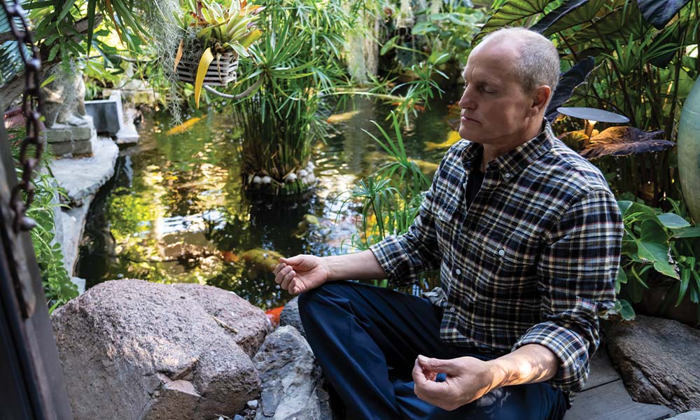 Woody Harrelson meditating at theWOODS