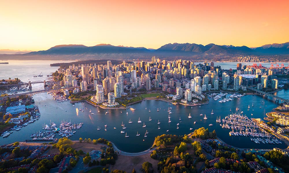 Vancouver skyline, British Columbia, Canada at sunset